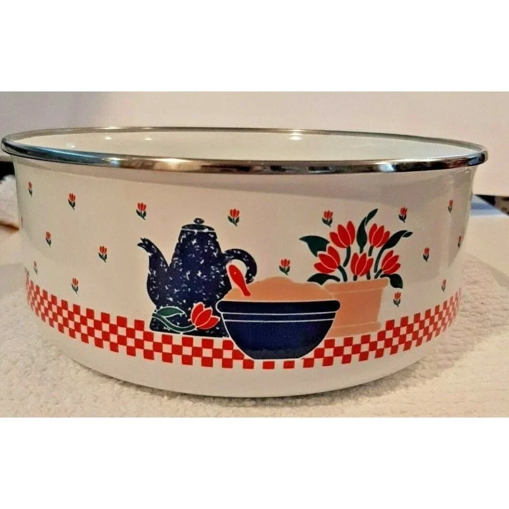 Vintage betty Crocker Enamel Sauce pan white printed 1 qt wood handle HTF RARE